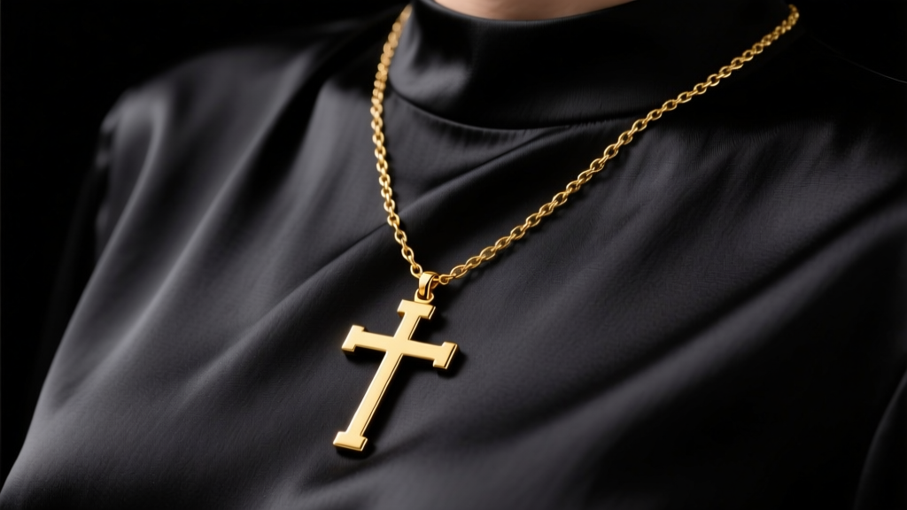 Polished 14k yellow gold orthodox three-bar cross necklace resting on a dark silk blouse, shot in soft moody studio lighting