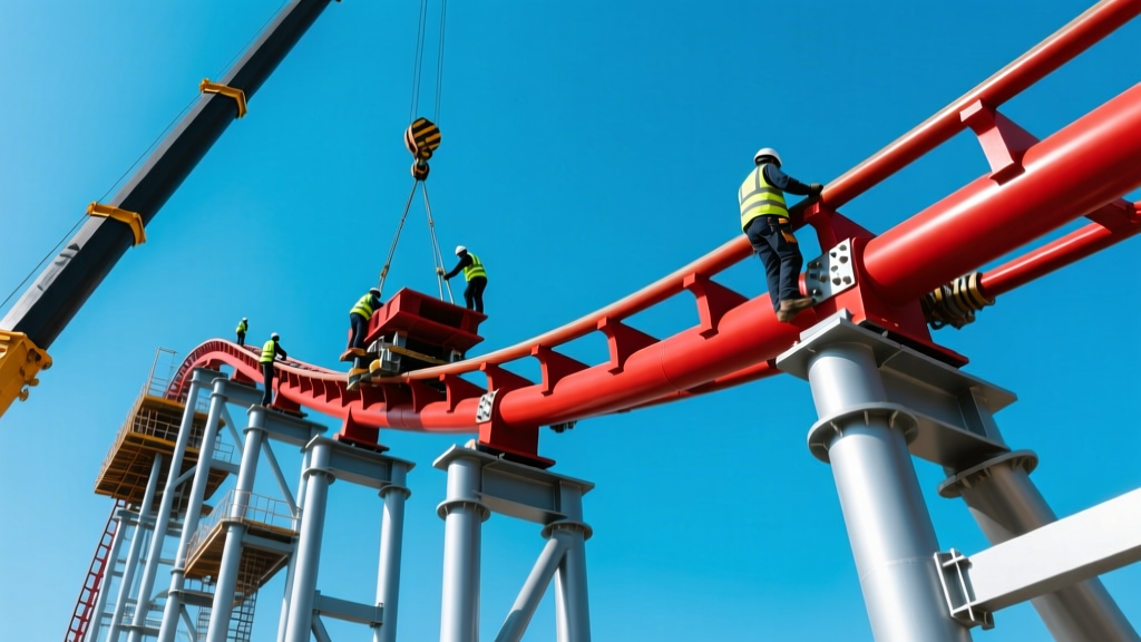 Massive steel roller coaster track being assembled by crane against a clear blue sky, with construction workers securing red tubular rails
