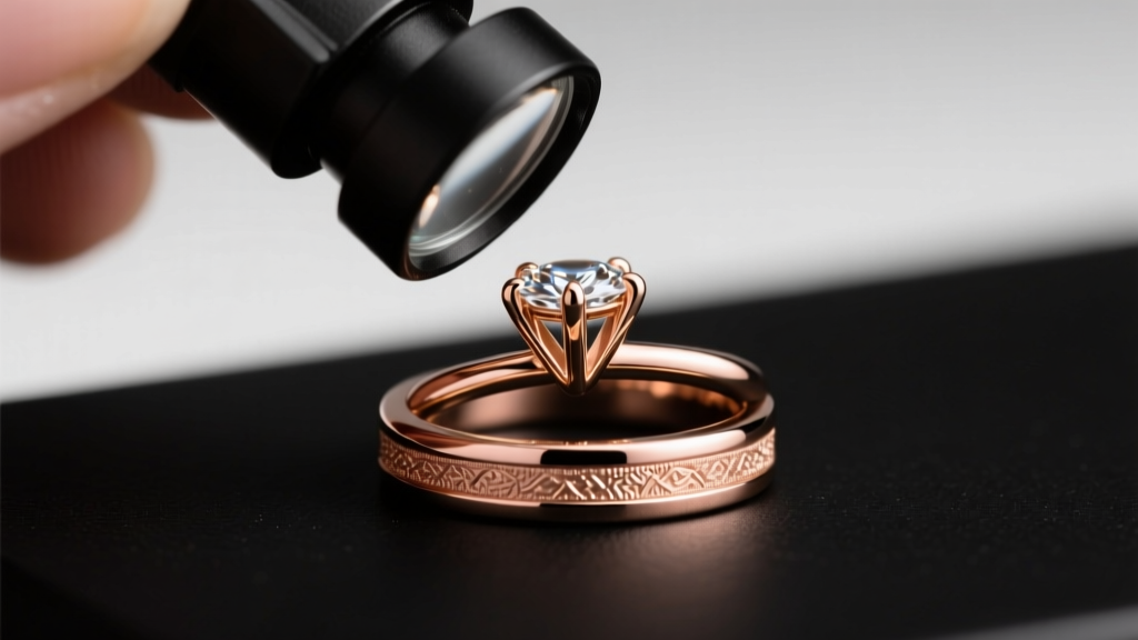 Jeweler examining 18k rose gold ring prongs with a loupe, revealing crisp metal edges and high polish under focused studio light.