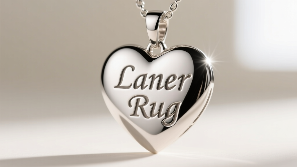 Macro shot of a laser-engraved sterling silver heart pendant showing deep serif font lettering and a high-polish finish.