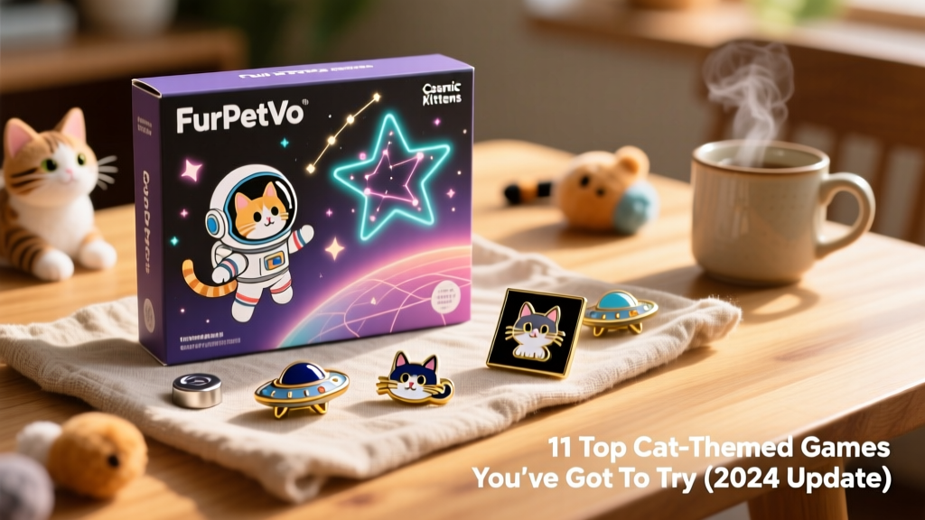 Box art and components of FurPetVo Cosmic Kittens: a colorful game box showing cats in space helmets, plus glowing star map, miniature spaceship tokens, and enamel pin set
