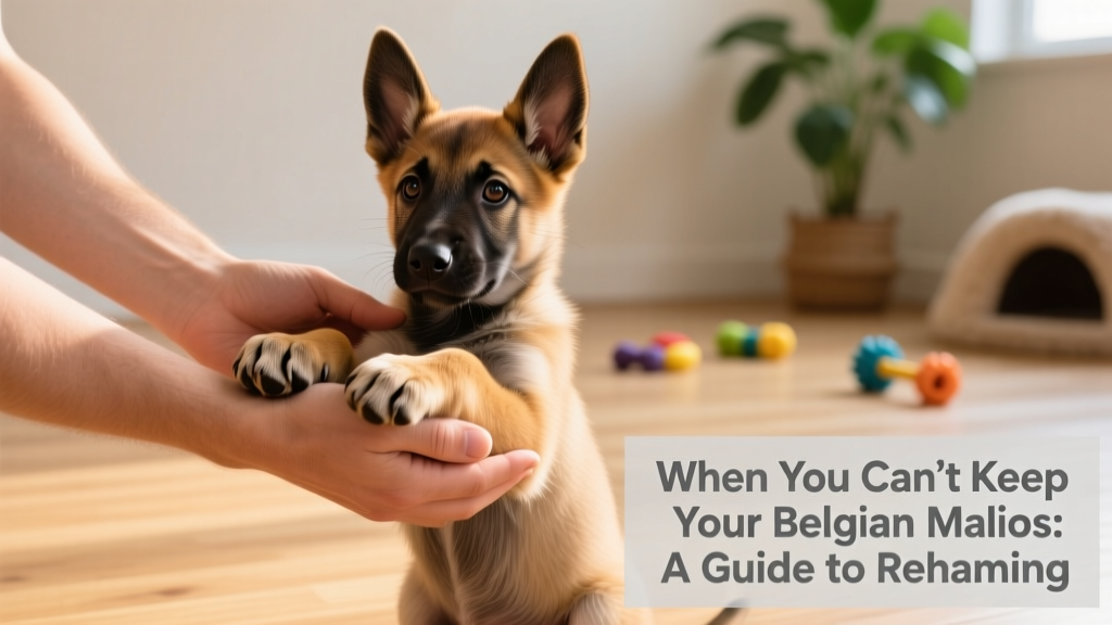 Two hands gently holding a Belgian Malinois puppy’s paws during a calm, positive training session