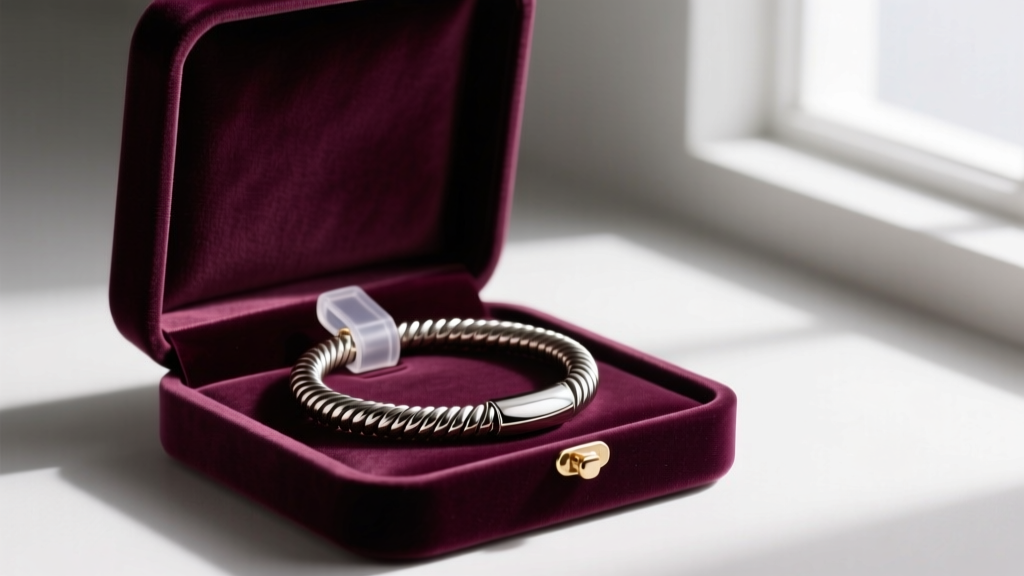 Velvet jewelry box showing a coiled titanium toe necklace secured with an anti-tarnish strip and a clear silicone clasp protector.