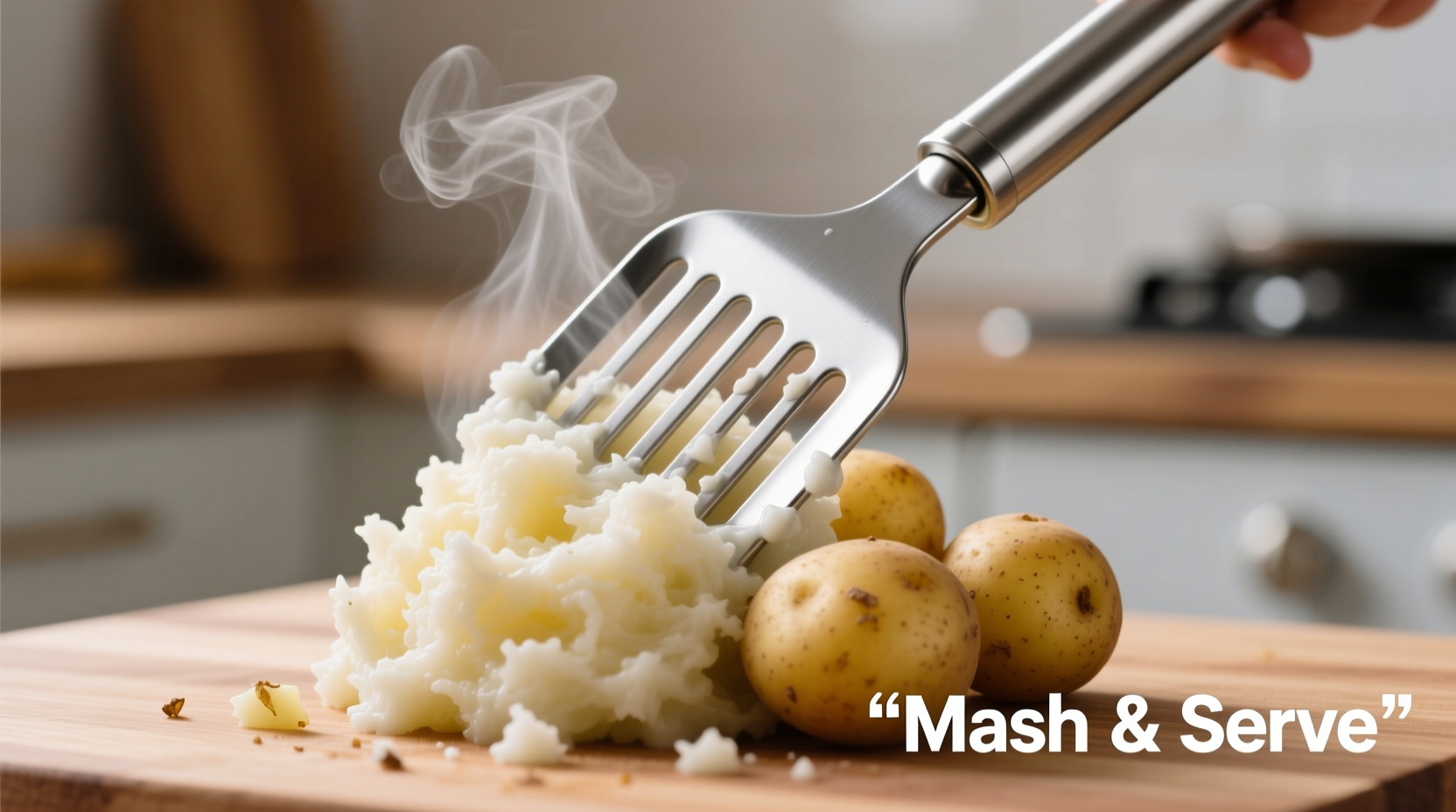 Stainless steel potato masher crushing boiled potatoes
