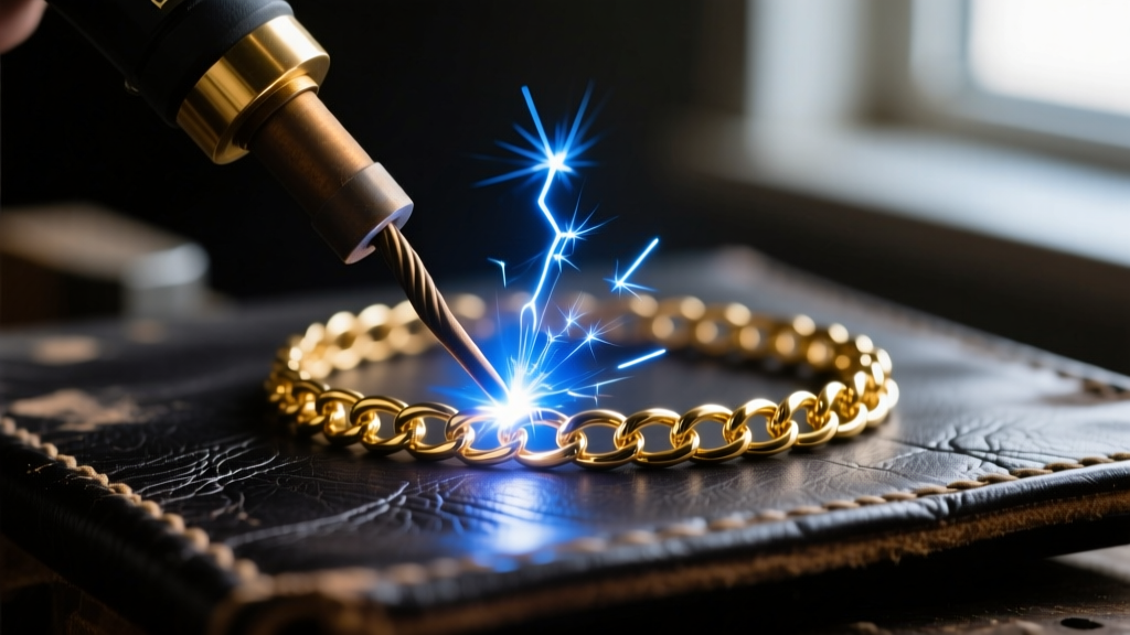 Close-up of a micro-TIG welder tip sparking on a delicate 14k gold permanent bracelet chain against a dark leather work bench