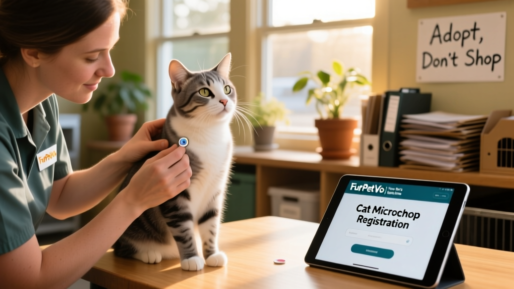 Close-up of a shelter volunteer carefully scanning a calm cat's neck for a microchip, with a FurPetVo-branded tablet visible nearby