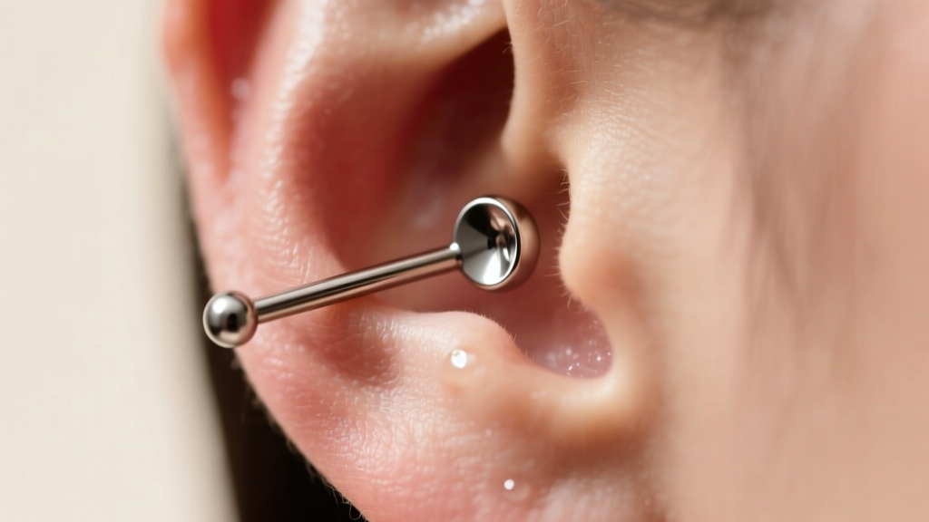 Close-up of a fresh earlobe piercing with a flat-back titanium labret stud, soft lighting highlighting the polished metal surface.