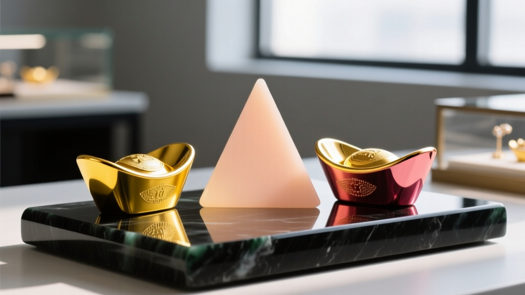 Close-up of three gold alloy ingots showing yellow, twilight peach, and deep rose hues, resting on a jeweler's ceramic bench block