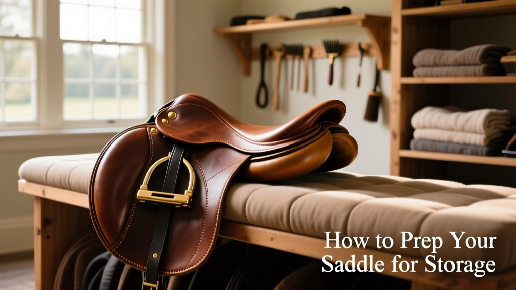 A clean English saddle resting on a padded wooden rack in a bright, climate-controlled room