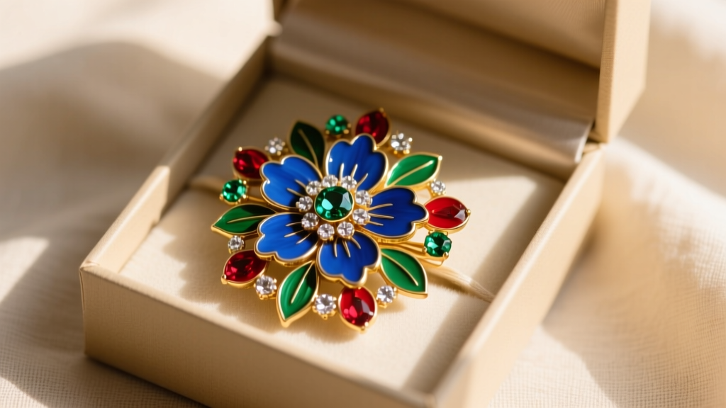 Open gift box revealing a vibrant vintage Juliana enameled floral brooch with sapphire and emerald rhinestones under warm light.