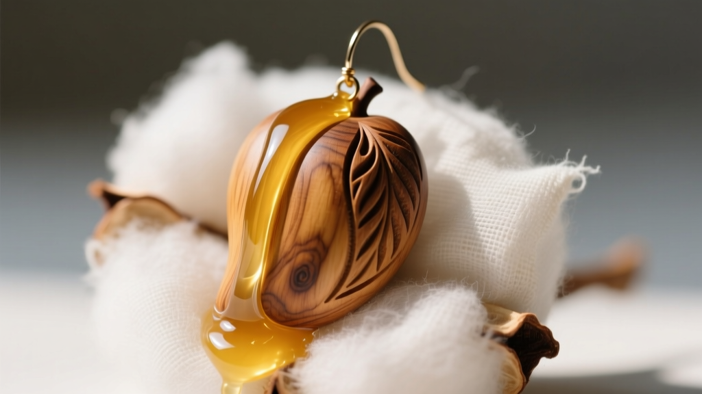 Macro shot of a cotton cloth applying clear beeswax to a carved wooden mango fruit earring, highlighting the rich wood grain