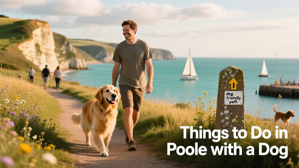 A pet parent and dog on a dog-friendly walking trail in Poole with coastal views.