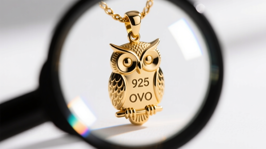 A 10x jewelers loupe inspecting the microscopic 925 and OVO hallmark stamps on the back of a gold vermeil owl pendant bail.