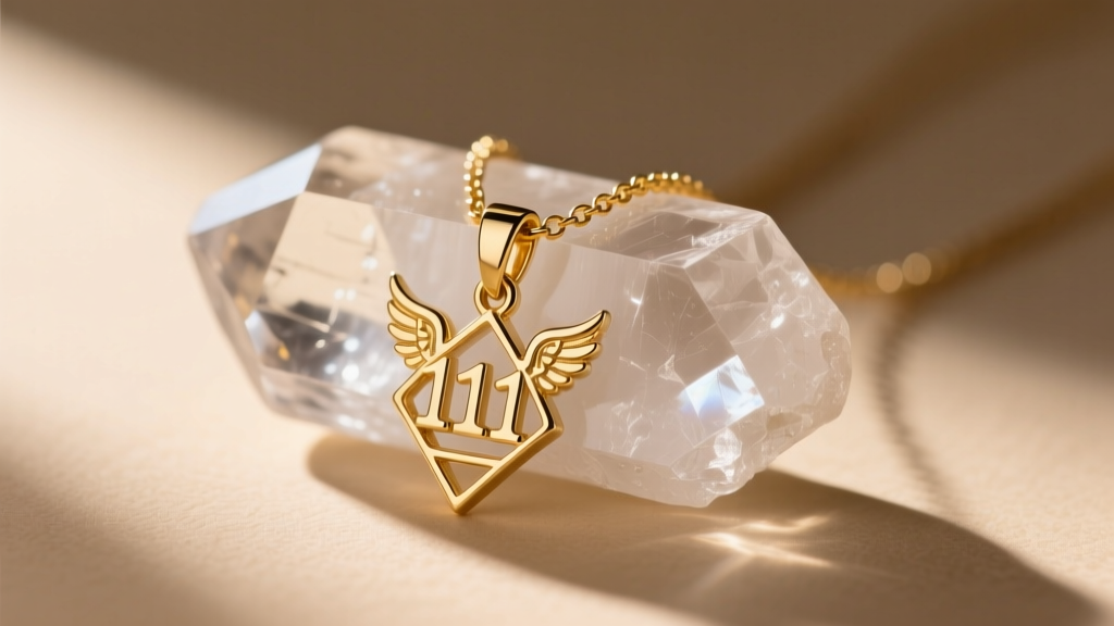Close-up of a 14k gold vermeil necklace with an 111 angel number pendant resting on raw clear quartz in soft morning light.