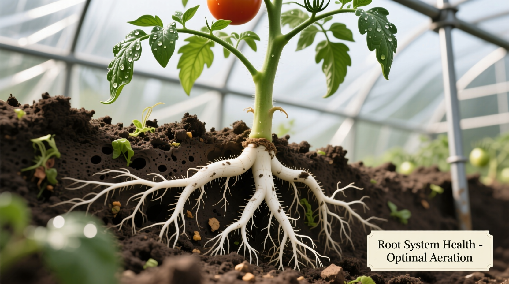 Tomato plant showing healthy root development in well-aerated soil