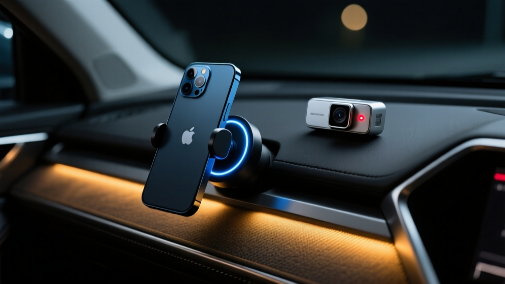 Close-up of a modern car dashboard at night featuring a glowing magnetic phone mount, a compact dash cam, and ambient LED footwell lighting