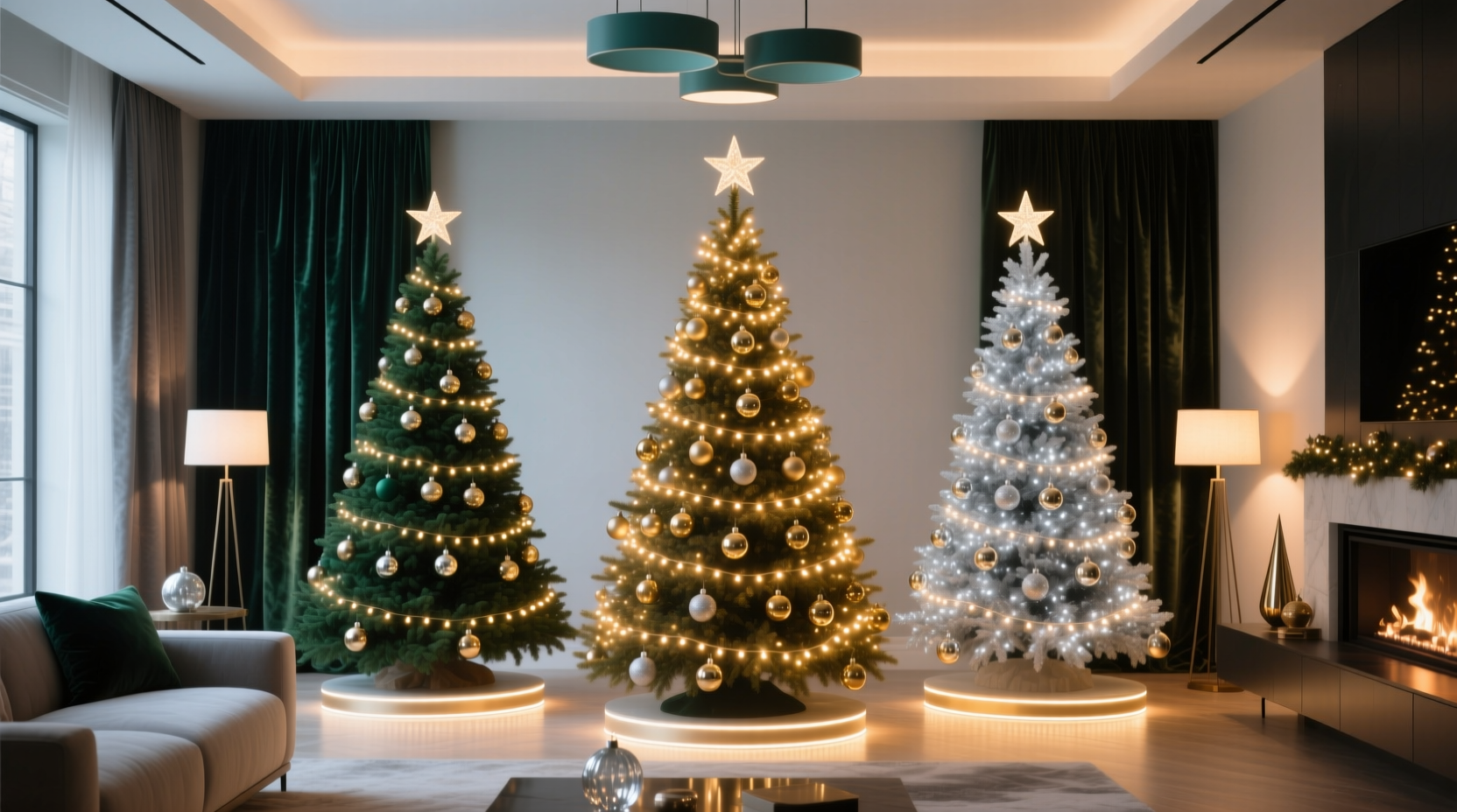 how to create a coordinated lighting theme across multiple christmas trees