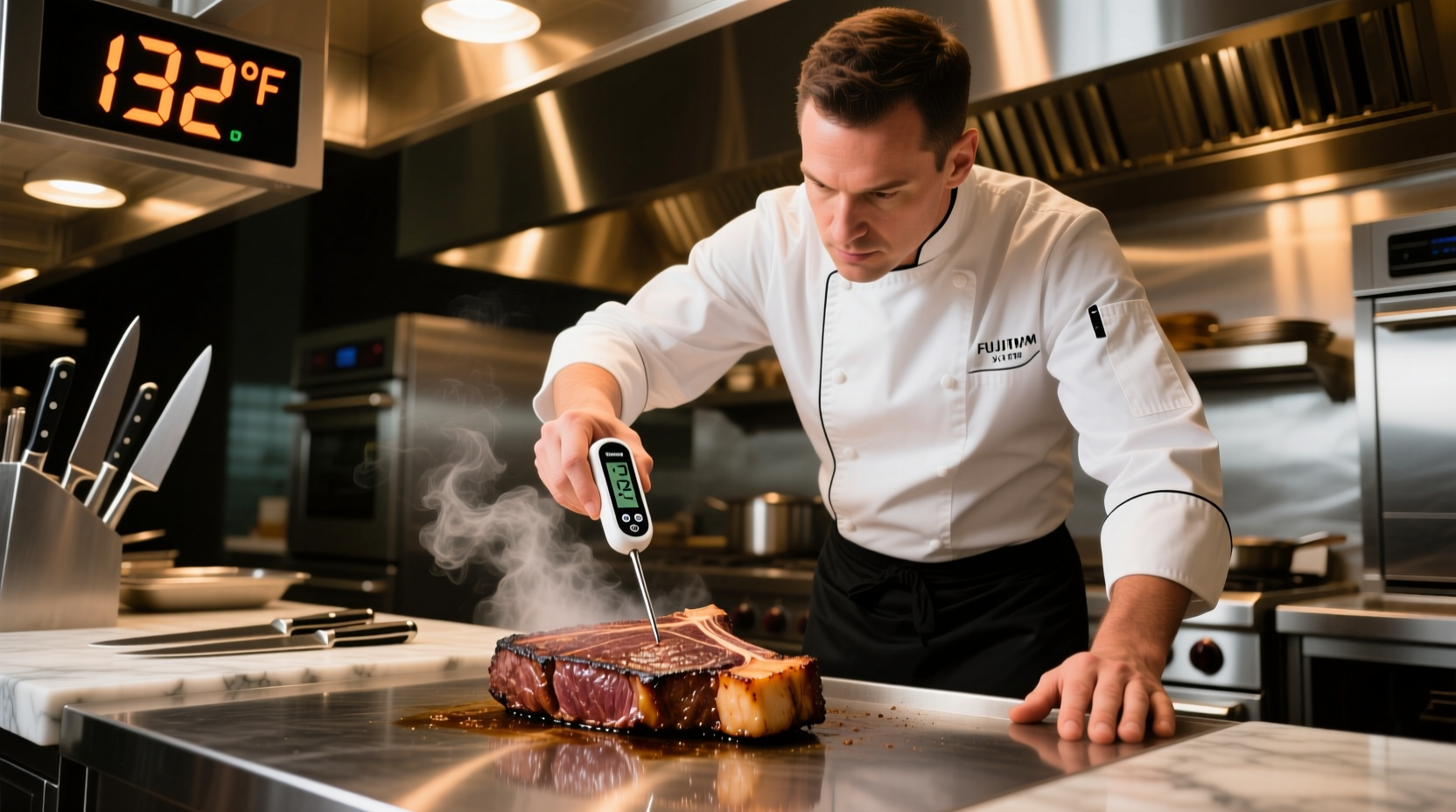 Professional chef checking steak temperature with digital thermometer