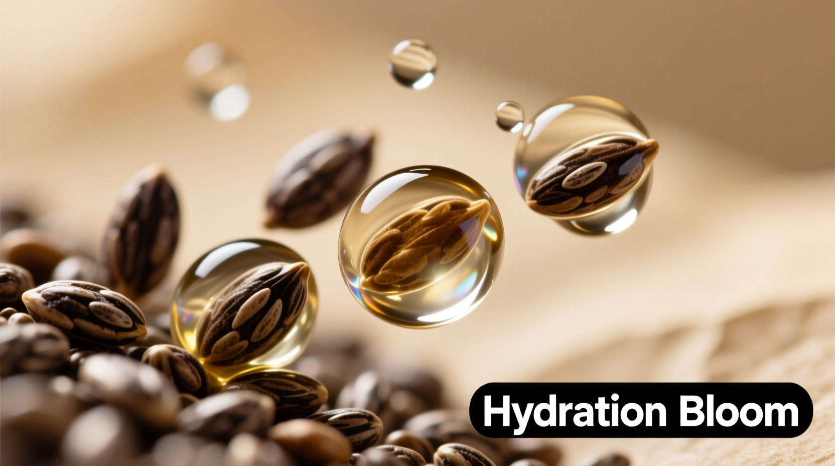 Chia seeds transforming from dry to gel-coated