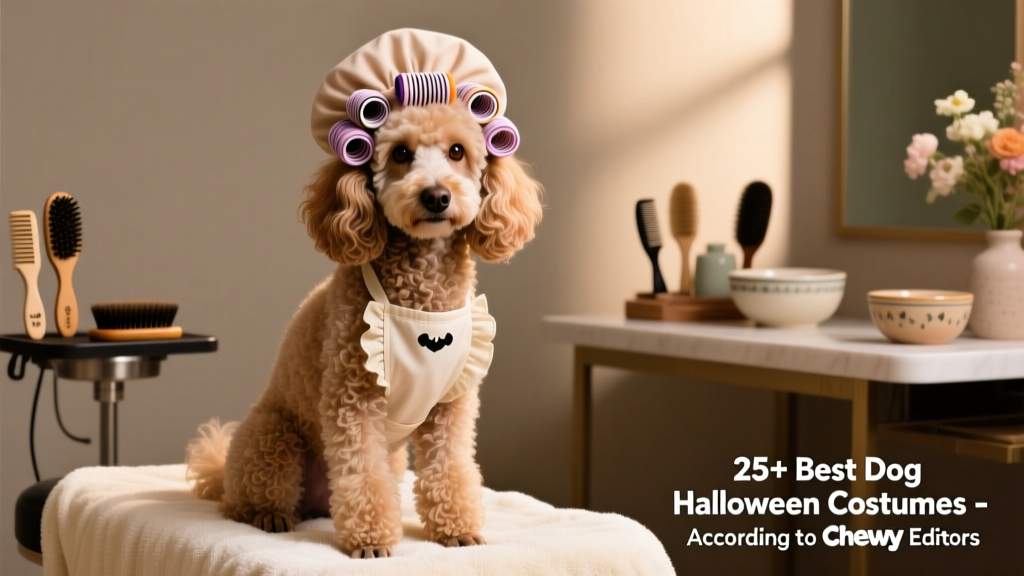 A poodle wearing the Beauty Parlor costume with yarn-wrapped curlers, sitting calmly on a plush towel
