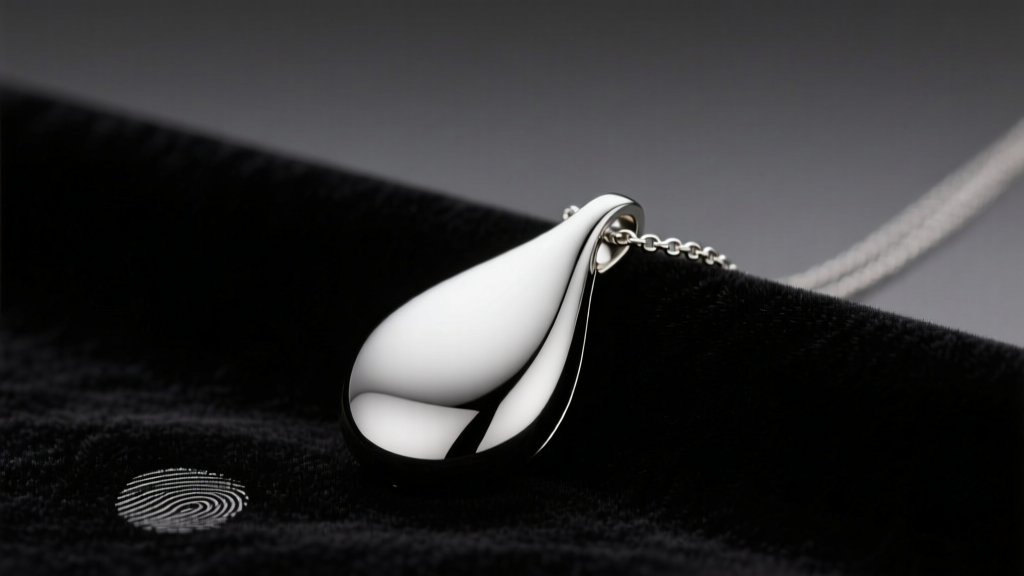 Polished 316L stainless steel teardrop ash necklace holder resting on dark velvet, illuminated by soft warm studio lighting.