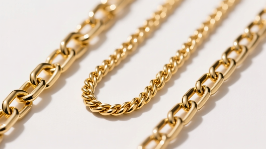 Macro shot comparing three 10 gram gold chain styles: a sturdy box chain, a twisted rope chain, and a classic figaro link design