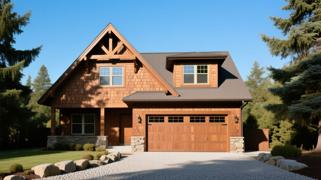 Two-car detached garage with craftsman-style second-story apartment, dormer windows, and cedar shake siding under clear blue sky