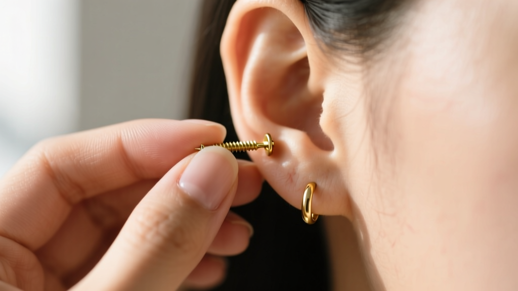Hand adjusting an 18-gauge gold screw back earring on an earlobe, demonstrating proper alignment to avoid cross-threading damage.
