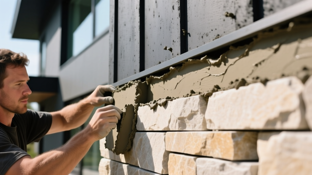 Close-up of a mason applying mortar to stacked limestone veneer panels against a dark charcoal fiber cement siding exterior on a modern home