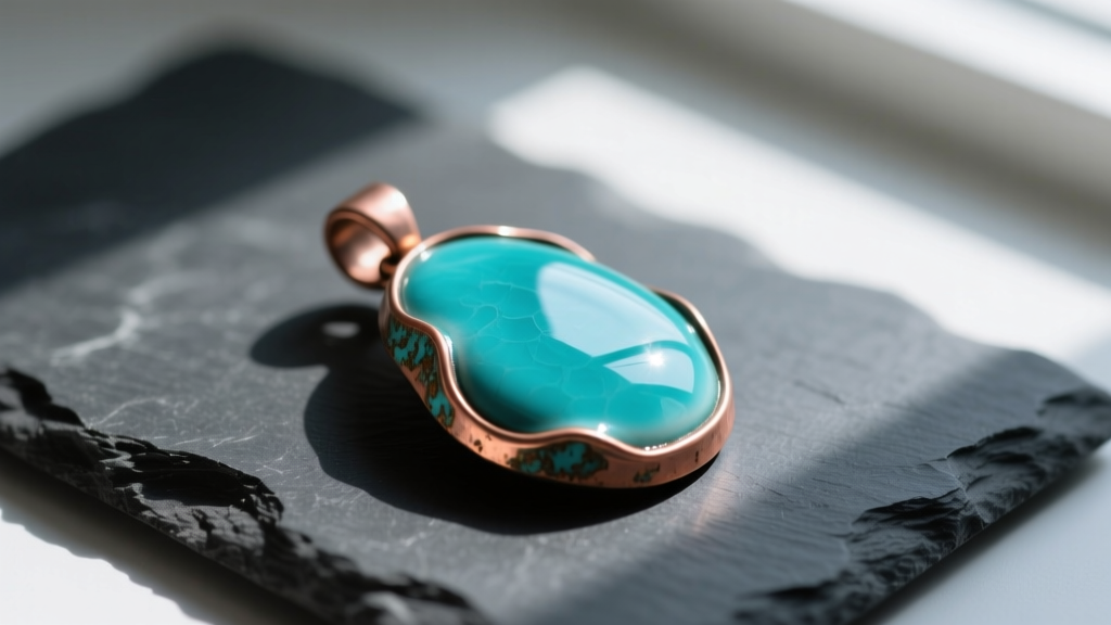 Macro shot of vibrant turquoise vitreous enamel copper pendant on dark slate, highlighting glass-like finish and raw copper edge