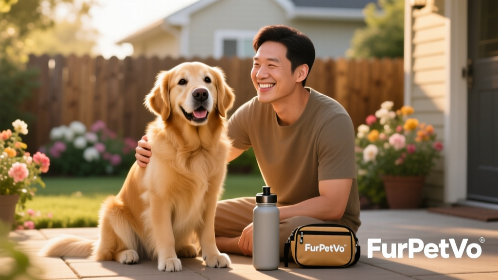 Happy dog sitting calmly beside its owner, both smiling, with a FurPetVo logo subtly visible on the owner’s water bottle and training pouch