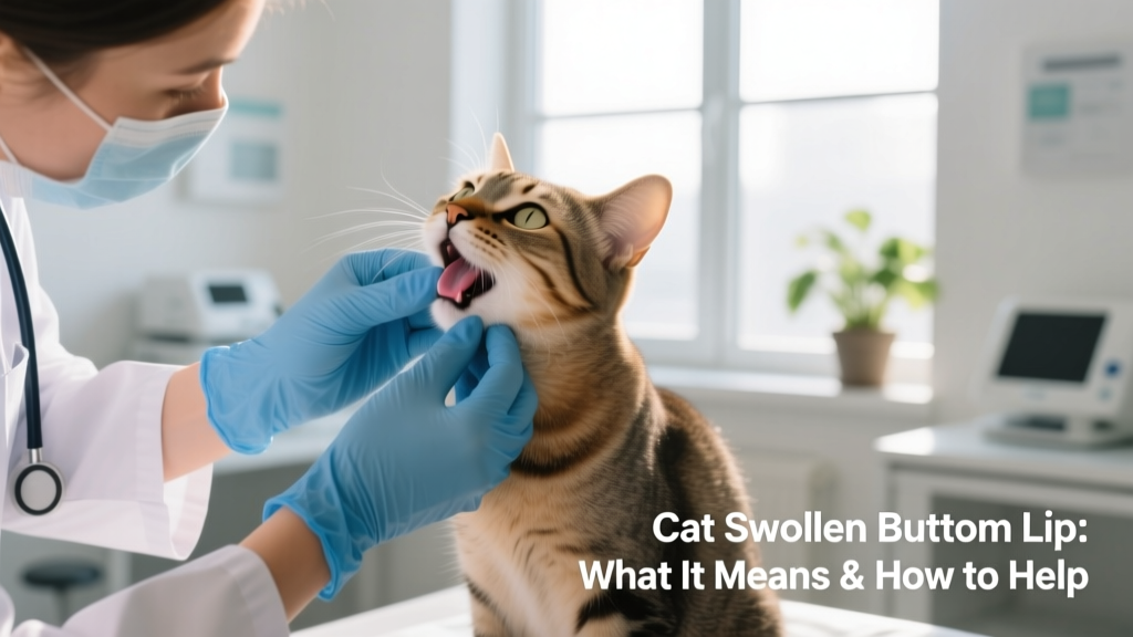 veterinarian in blue gloves examining a cat's mouth to assess bottom lip swelling