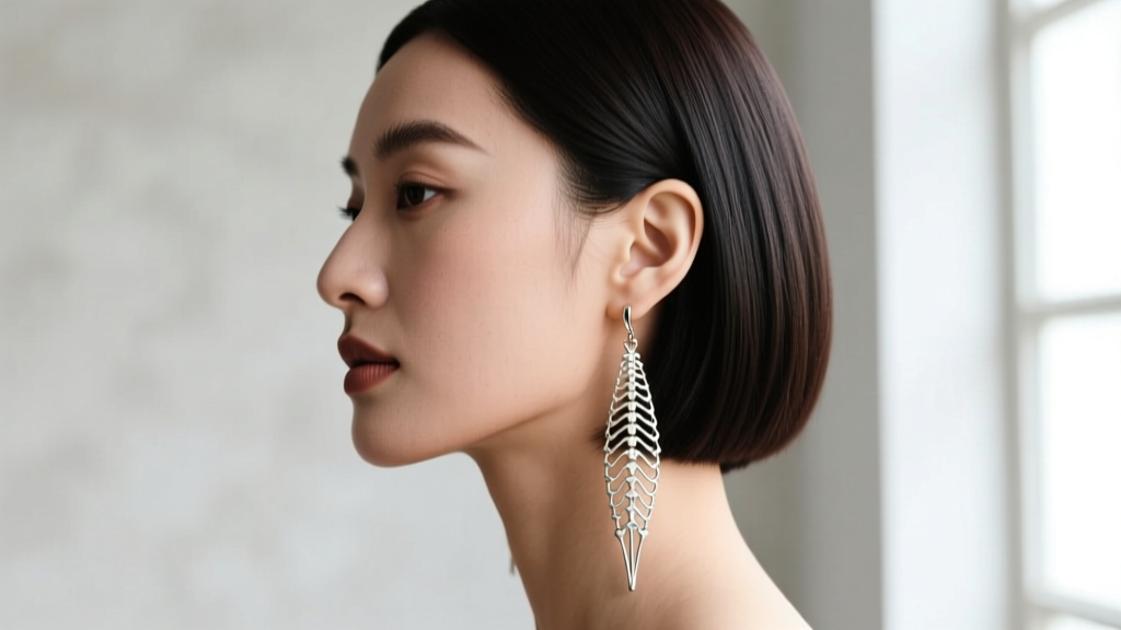 Side profile of a woman with a sleek bob showcasing long skeleton drop earrings, highlighting vertical lines on a round face shape