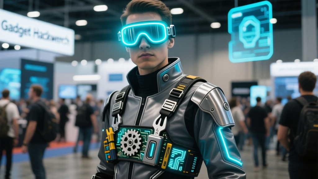 A highly detailed Gadget Hackwrench cosplay featuring illuminated LED aviator goggles and a 3D-printed mechanical toolbelt at a busy 2026 convention