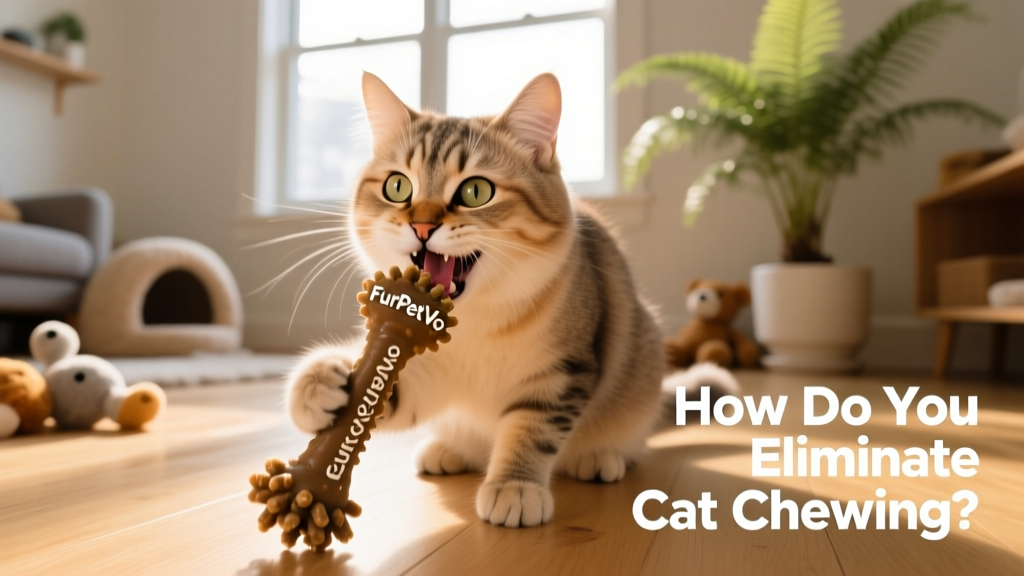 Happy cat happily chewing on a durable, non-toxic FurPetVo chew toy