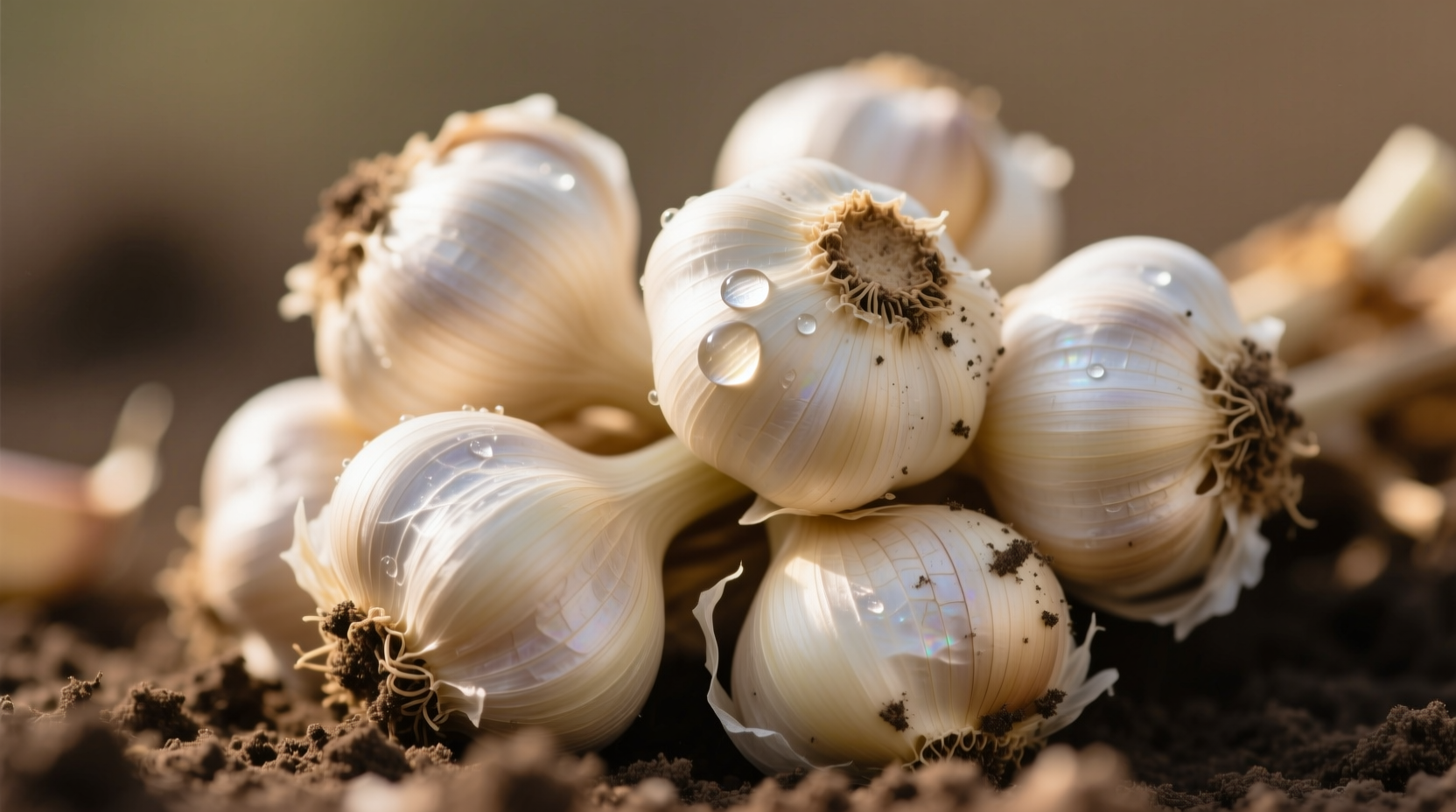 Freshly harvested elephant garlic bulbs with papery skin