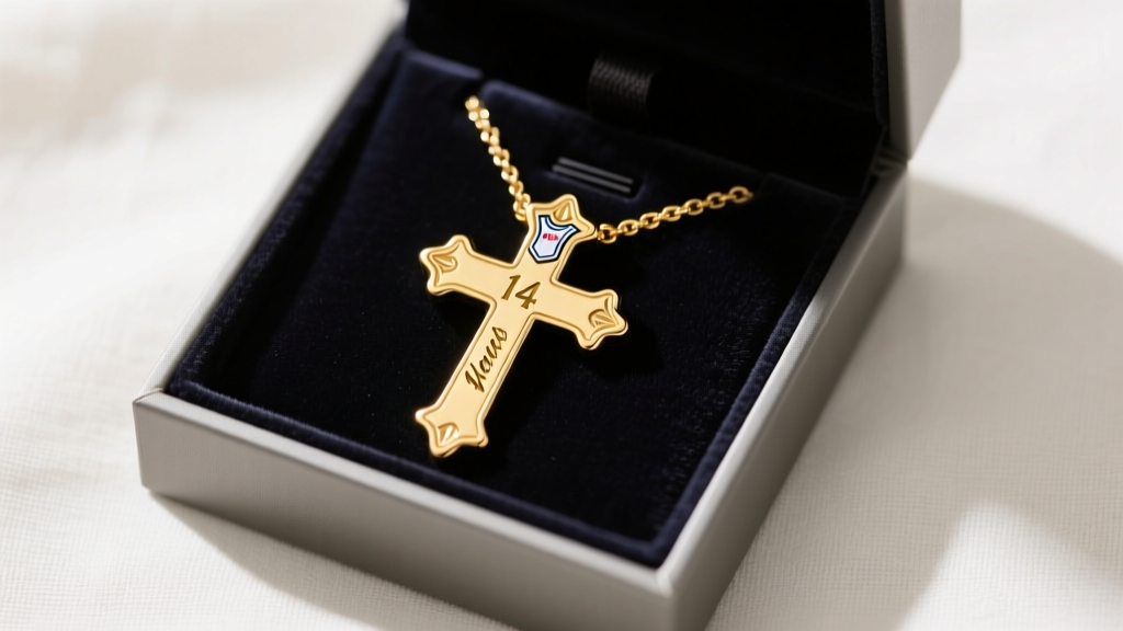 Flat lay gift box containing a customized 14k gold vermeil baseball cross necklace with a jersey number engraved on the back.