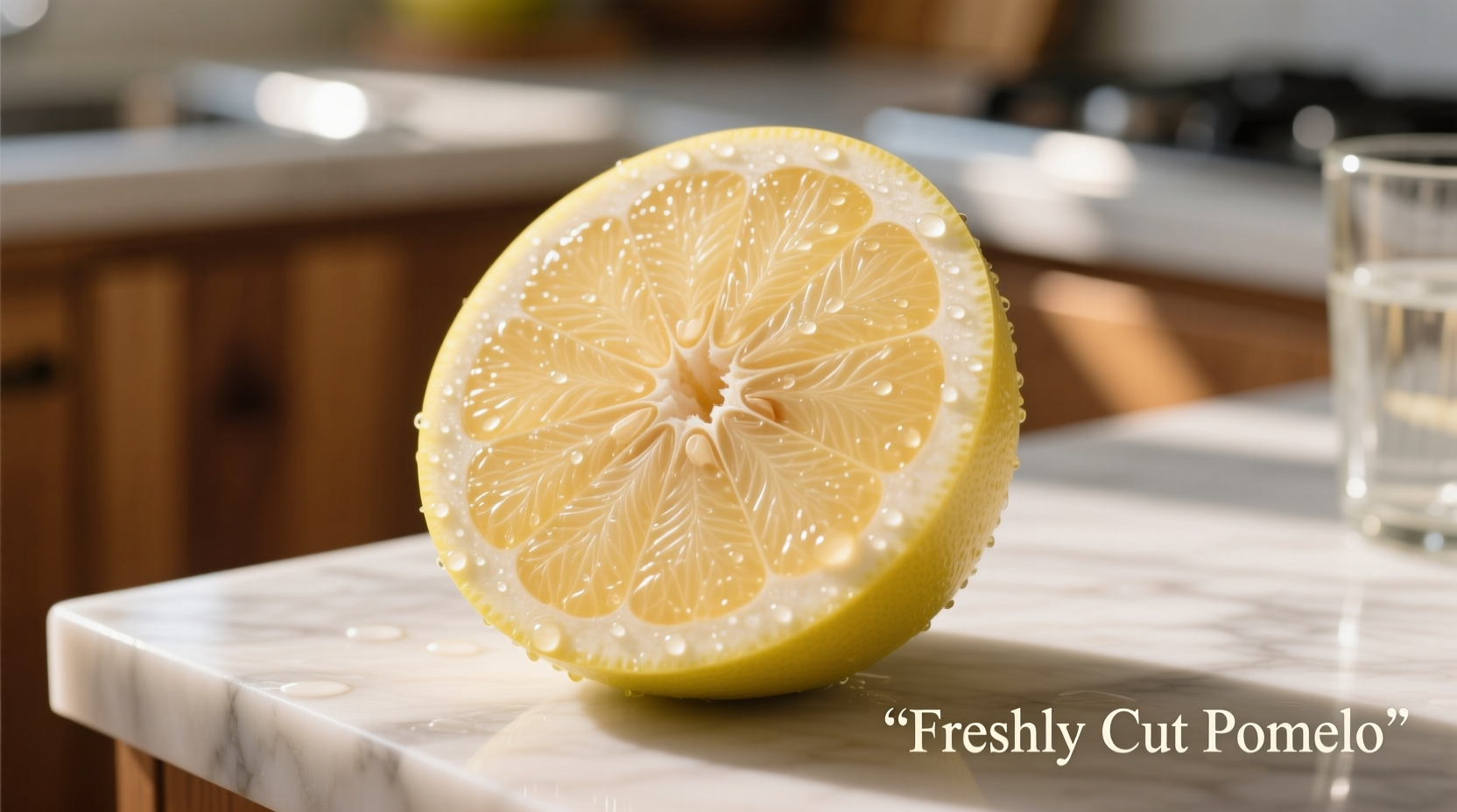 Freshly cut pomelo showing pale yellow segments