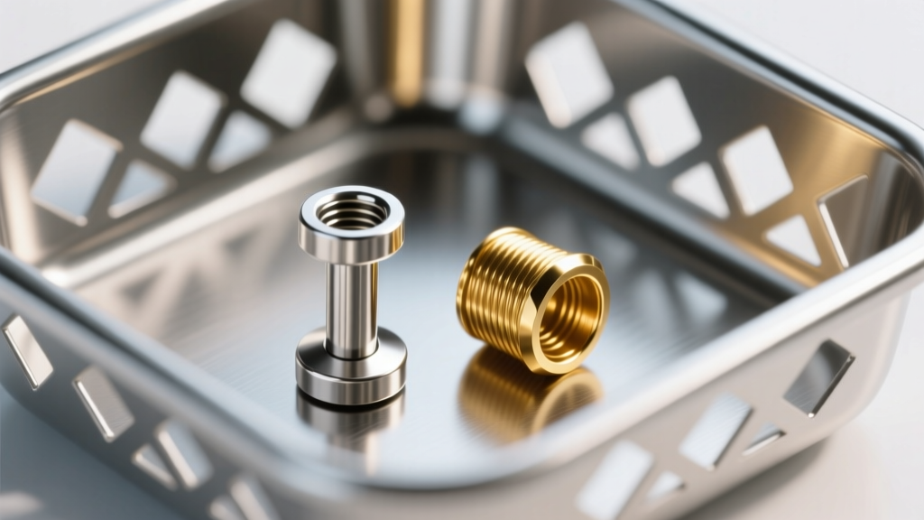 Macro shot of a titanium labret stud and gold threadless end resting in a stainless steel ultrasonic cleaner basket