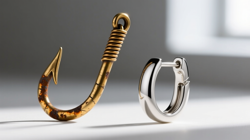 Macro view of a tarnished brass fishhook wire beside a pristine rhodium-plated sterling silver leverback earring clasp.
