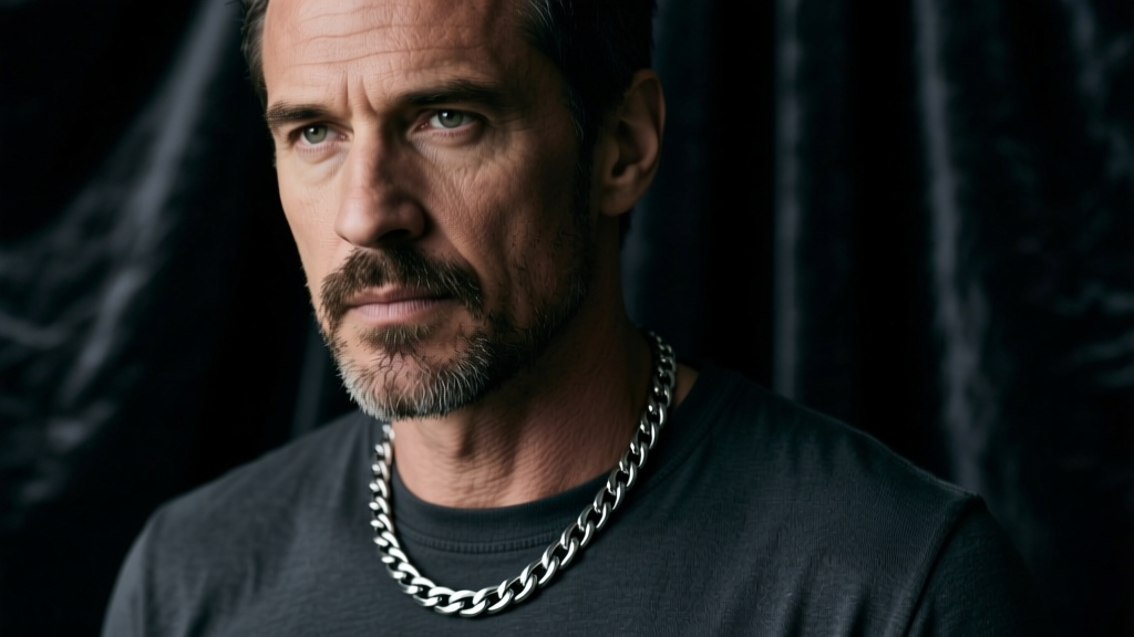 Close-up of a rugged man wearing a 4mm matte titanium Cuban link necklace against a dark charcoal t-shirt, moody studio lighting