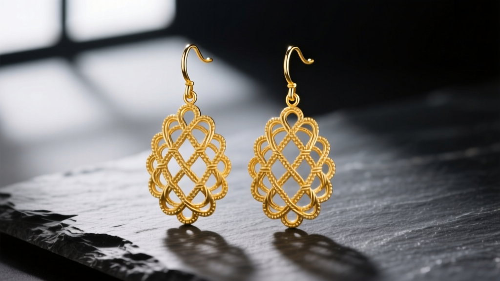 Macro photography of intricate 14k yellow gold filigree drop earrings resembling woven lace, resting on dark slate, studio lighting
