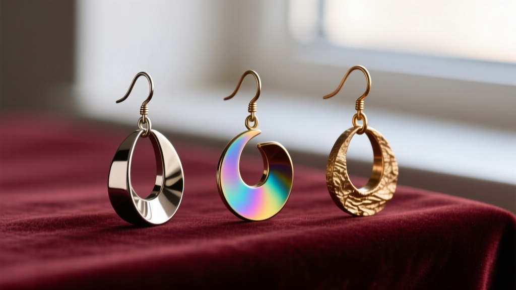 Macro view of ear wires for boho earrings showing polished titanium, anodized niobium, and raw brass hooks on velvet.