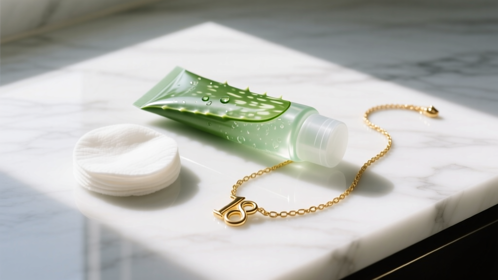 Aesthetic flat lay of a soothing aloe vera gel tube, a soft cotton pad, and a delicate 18k gold necklace on a white marble top.