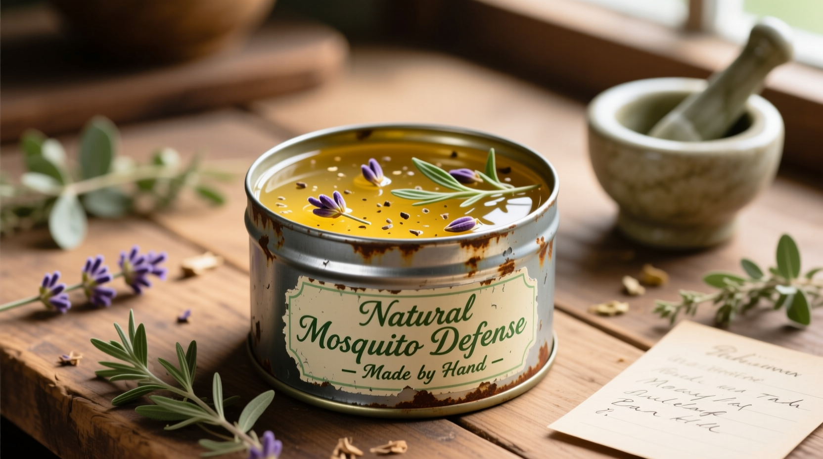 Homemade mosquito repellent lotion in tin container
