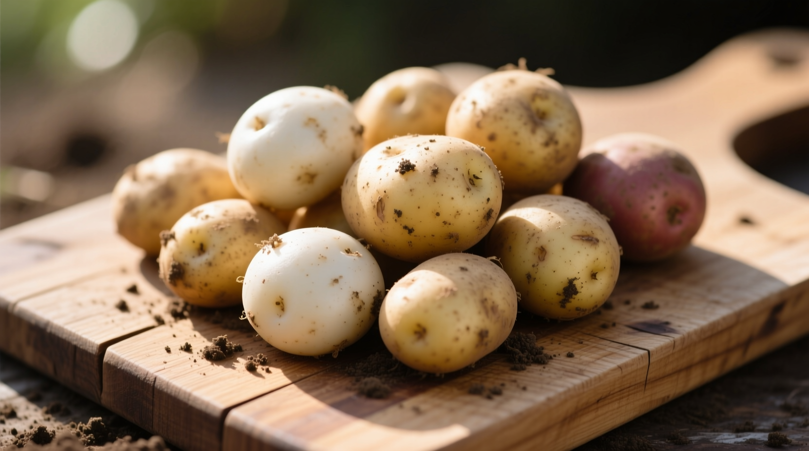 Fresh potatoes with skin on wooden cutting board
