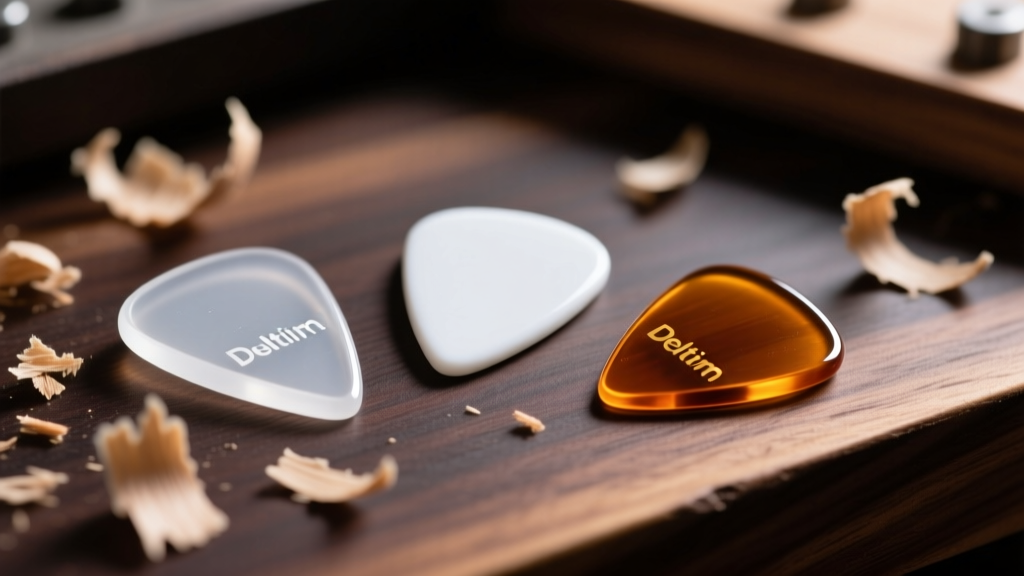 Macro shot of translucent Ultem, white Delrin, and celluloid guitar picks resting on a dark walnut workbench with scattered wood shavings