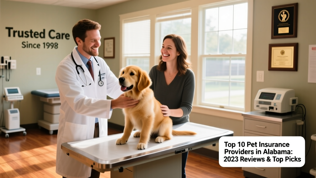 Friendly Alabama veterinarian consulting with client and pet, representing trusted local care