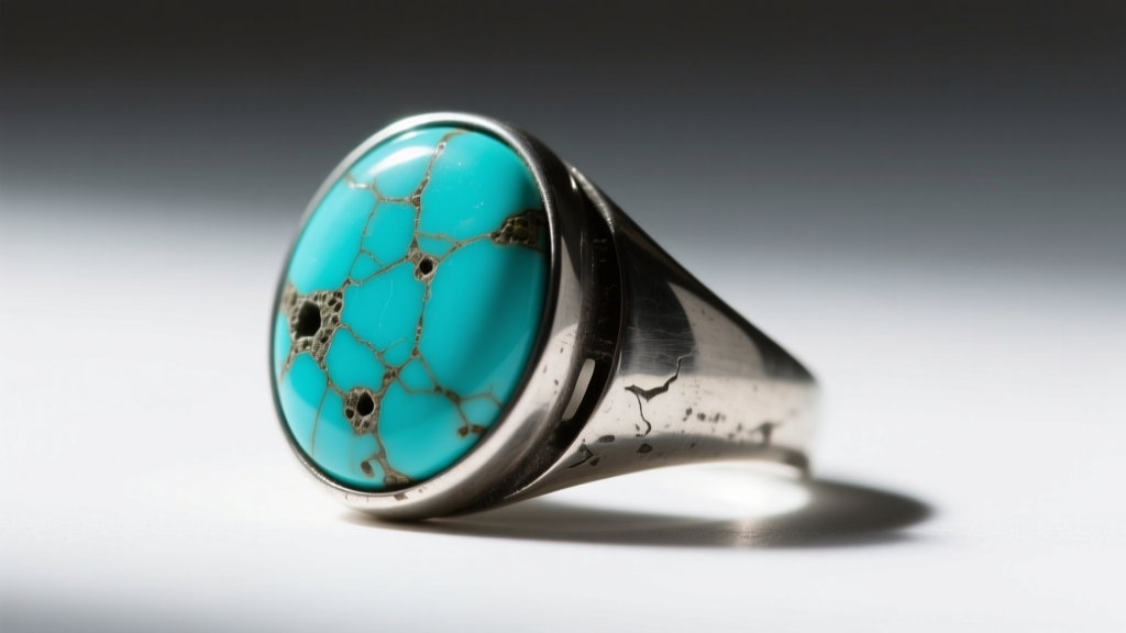 Macro shot of a vintage turquoise and oxidized silver ring, showing the porous stone matrix next to dark metal crevices.