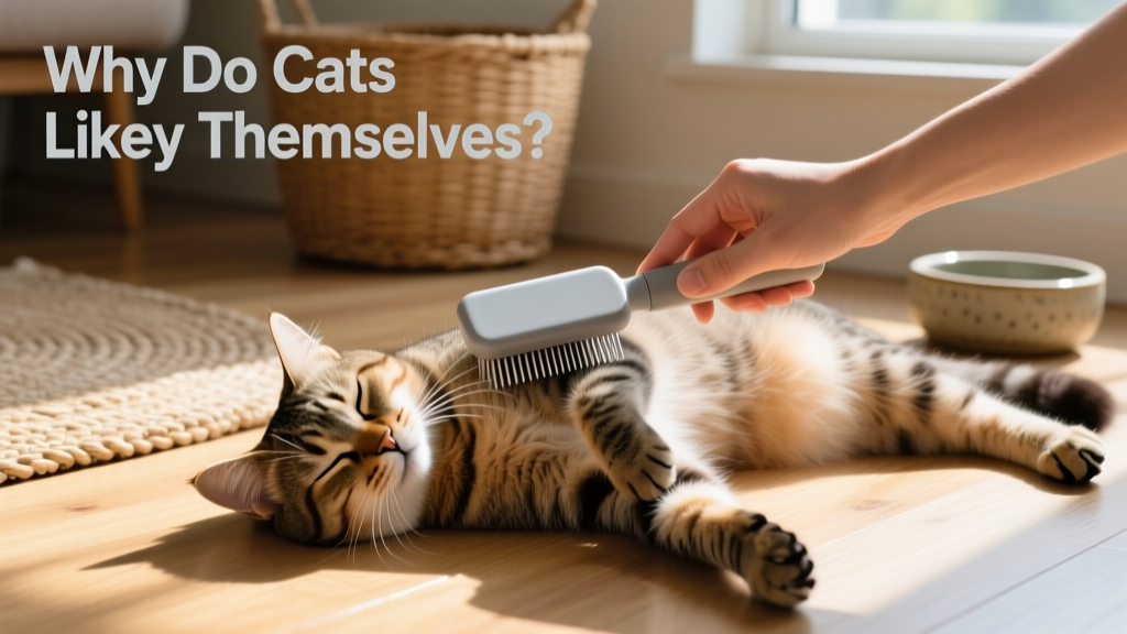 Hand brushing a cat’s coat with a slicker brush while the cat looks relaxed